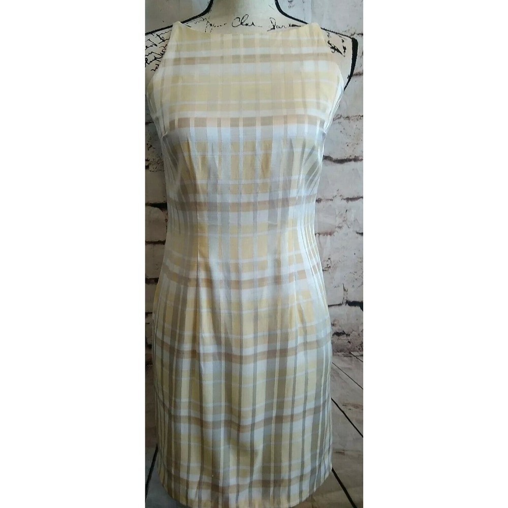 Renee Michaels Sleeveless Plald Yellow Sheath Dress Size 4 Small Spring Easter
